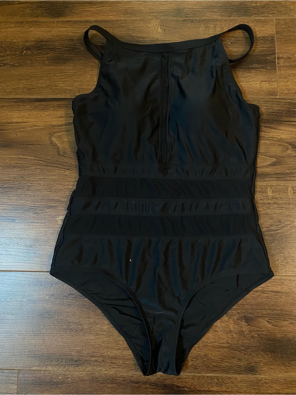 One-piece high neck mesh cut out black swimsuit, medium